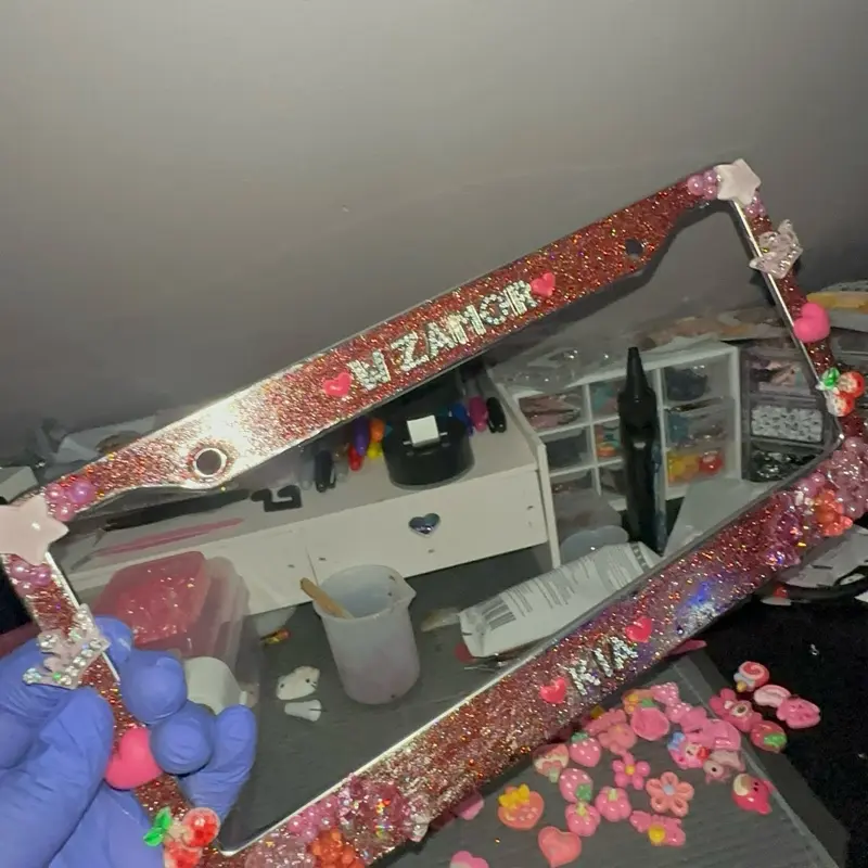 Custom License Plate Frame with Glitter and Heart Designs