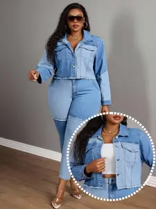 Plus Size Women's Colorblock Washed Denim Long Sleeve Jacket, Casual Fashion Outerwear, Lady Womenswear, Comfortable and Stylish, Perfect for Daily Wear