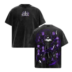 Vintage Washed Aizen Anime Graphic T-Shirt Oversized Manga Streetwear Tee for Men Women Villain Core Bleach Fashion Soul Reaper Purple Chaos Kyoka Suigetsu Aesthetic Heavyweight Retro Casual Top Japanese Y2K Anime Lover Gift Graphic Merch Daily Outfit