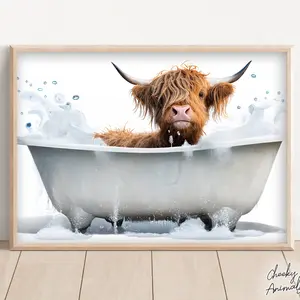 Cute Baby Highland Cow In The Bathtub Poster No Frame , Funny Animal Wall Art, Bathroom Prints, Highland Cow Photograph