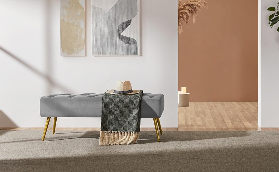 Yaheetech Ottoman Footstool Bench Boucle/Velvet Benches Upholstered Footrest with Gold Metal Legs and Padded Seat for Living Room