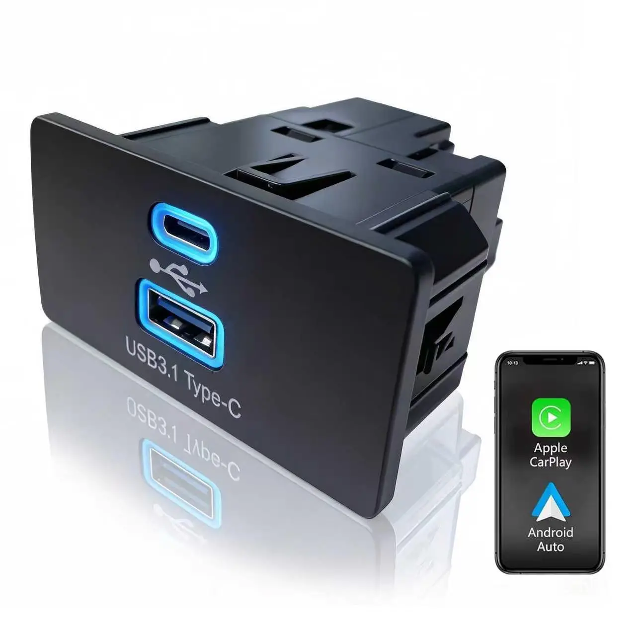 Carplay Hub Wireless CarPlay USB Media Hub for Ford SYNC 3 Wireless CarPlay Supports iOS & Android Auto USB Hub Module, 30W PD Fast Charging, Type-C+USB with Ice Blue LED, Plug&Play for Ford Lincoln