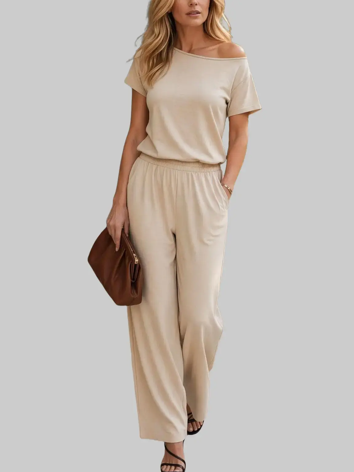 Women's Jumpsuit Off-Shoulder Elastic Waist Stretchy Loose Minimalist Comfy Clothes Casual Outdoor Lightweight Womenswear Pants Style Overalls
