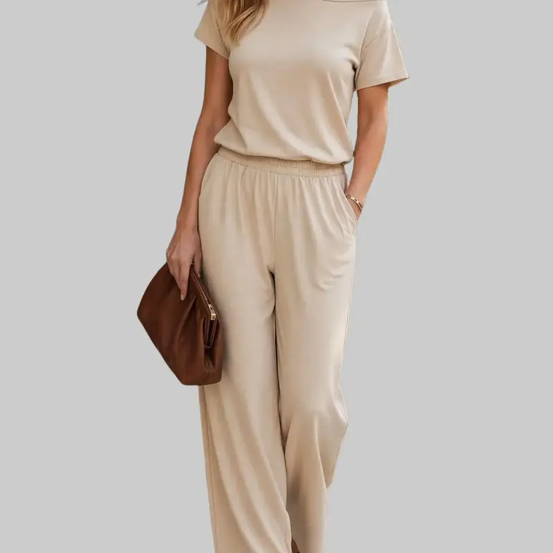 ZEAGOO Women's Off-Shoulder Short-Sleeve Jumpsuit, Women's Clothing with Polyester-Spandex-Viscose Fabric, Elastic Waist, Stretchy Loose Fit, Minimalist, Comfy, Lightweight Overalls for Casual Everyday Wear