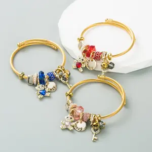 Luxury Gold Twisted Cable Bangle Bracelet with Crystal  Charm Pendants — Bear, Key & Heart Charms |  Blue / Red / Pink | Adjustable Cuff Bracelet