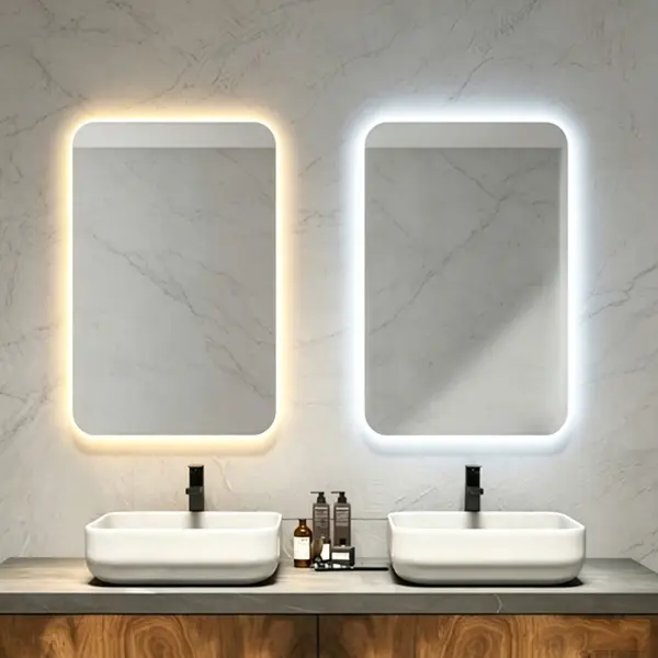 Square Wall-Mounted Adjustable LED Lighted Glass Smart Mirror, Touchscreen Bathroom Makeup Mirror