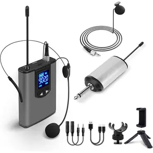 UHF  Headset Microphone/Lavalier Lapel Mic with Bodypack Transmitter and Mini Rechargeable Receiver 1/4" Output for Vlogging or Speech
