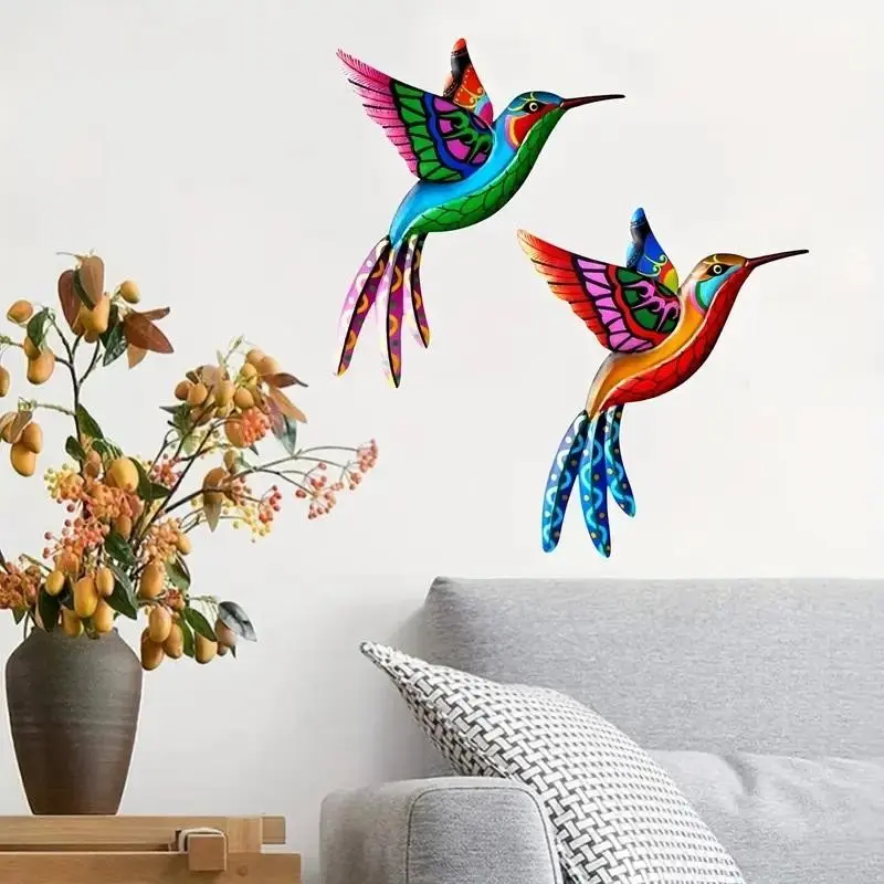 2 Pack Colorful Metal Hummingbird Decorative Wall Art, Hand-Painted 3D Bird Sculpture, Waterproof Decor for Outdoor & Indoor Use, Decoration Items