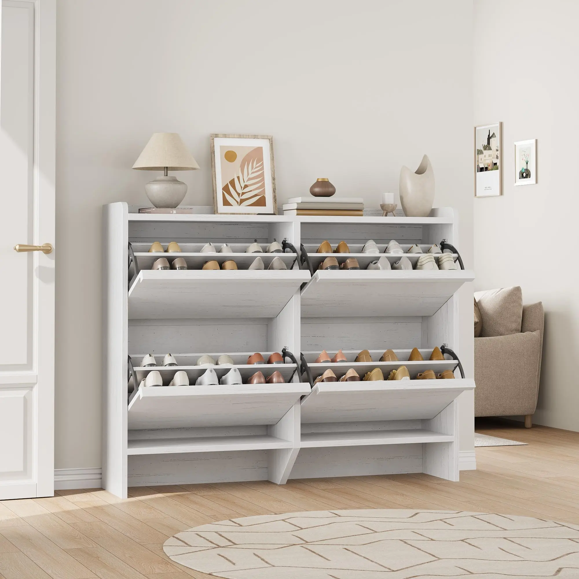 Garvee Shoe Storage Cabinet with 4 Flip-Down Doors, Wooden Entryway Shoe Organizer with Adjustable Shelf, Hidden Hallway & Living Room Storage, White