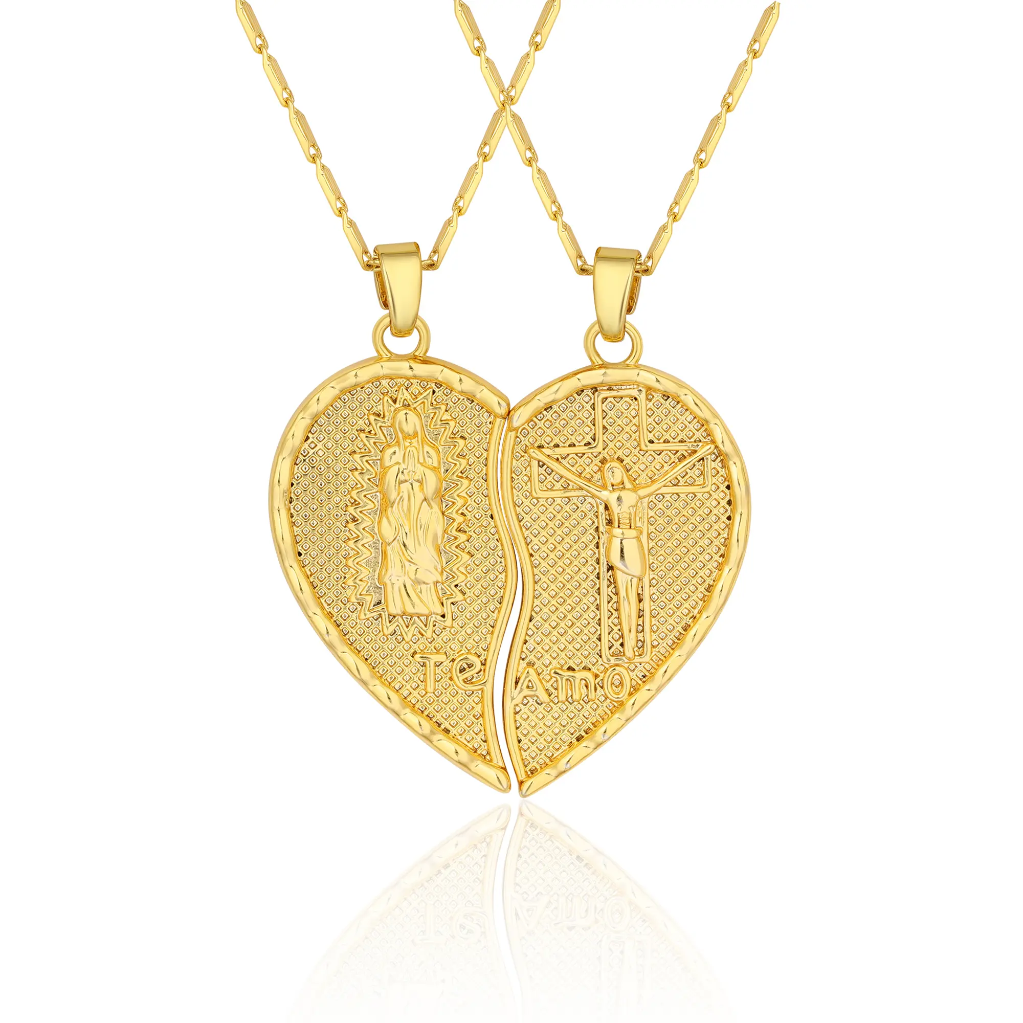 Romantic Virgin Mary Heart Necklace 18K Gold Plated Double Chain Combination Prayer Pendant for Couples Women & Men Inscribed Religious Elegant Christmas Gifts Friendship Necklace