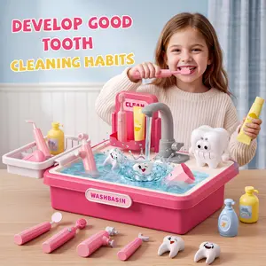 Kids Dental Care Toy Set - Toddler Pretend Play Wash Basin with Real Running Water, Electric Toothbrush, Toothpaste & Dental Tools, Educational Oral Hygiene Science Kits for Boys & Girls Ages 3+