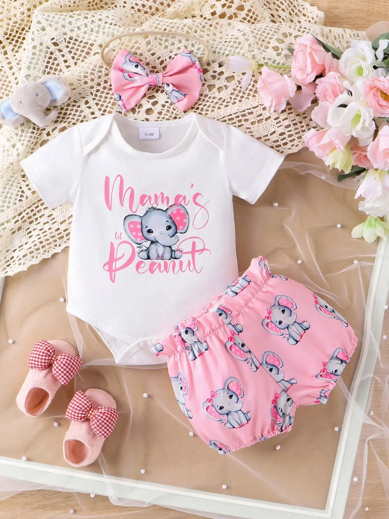 Baby Girls Summer 3-Piece Set, Cute Elephant Letter Print Onesie, Full Body Elephant Print Shorts, Butterfly Hairband, Style, Baby Clothing