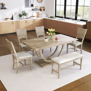 diningtable TOPMAX 6-Piece Wood Half Round Dining Table Set Kitchen Table Set with Long Bench and 4 Dining Chairs, Modern Style, Natural