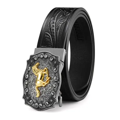 Men’s leather automatic ratchet belt paired with a distressed silver buckle featuring an embossed gold horse motif; the belt body is adorned with a floral embossing pattern — an excellent gift for Valentine’s Day and Father’s Day.