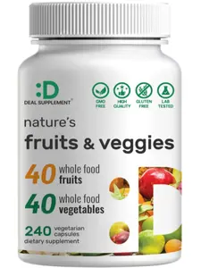 Nature’s Fruits & Veggies Supplement 80 Whole Food Superfoods - 40 Fruits + 40 Vegetables & Greens for Daily Balance, 240 Veggie Capsules, Non-GMO, Gluten-Free