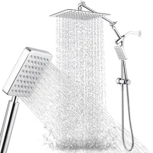 All Metal 10" Rainfall Shower Head Combo, High Pressure Dual Square Showerhead with Handheld Spray, Power Wash Wand, 2-in-1 Luxurious Bathroom Fixture with Extension Arm, Chrome Finish