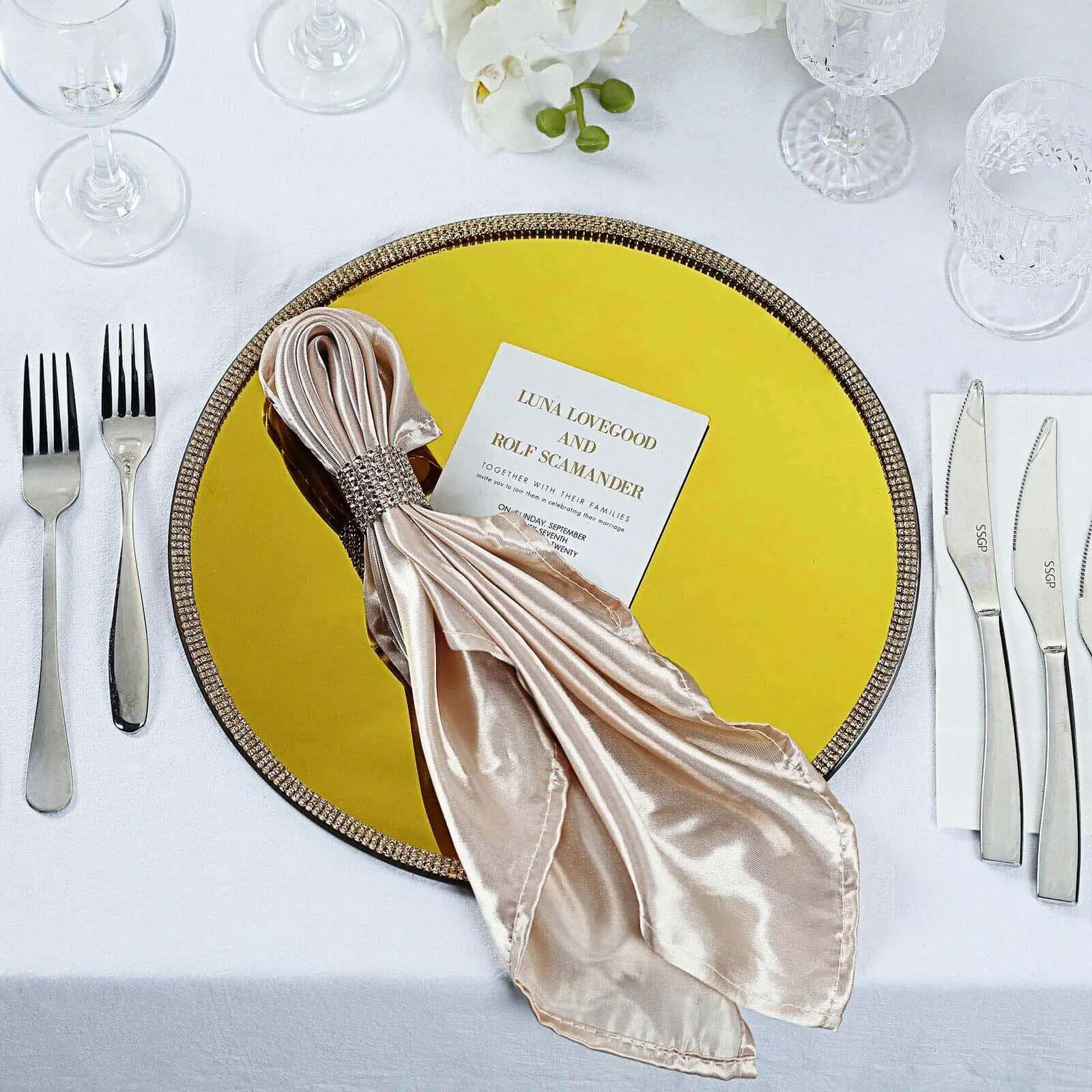 13in Mirror Finish Round Glass Service Plates (2-Pack) - Gold Rhinestone Rim, Gold Trim Tableware Chargers for Upscale Wedding Party Decor, 13 Inches