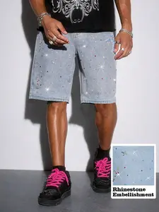 Summer Men's Colorful Rhinestone Cross Denim Shorts, Loose-Fitting Mid Waist, Zipper Fly, Fashionable for Daily Wear and Parties