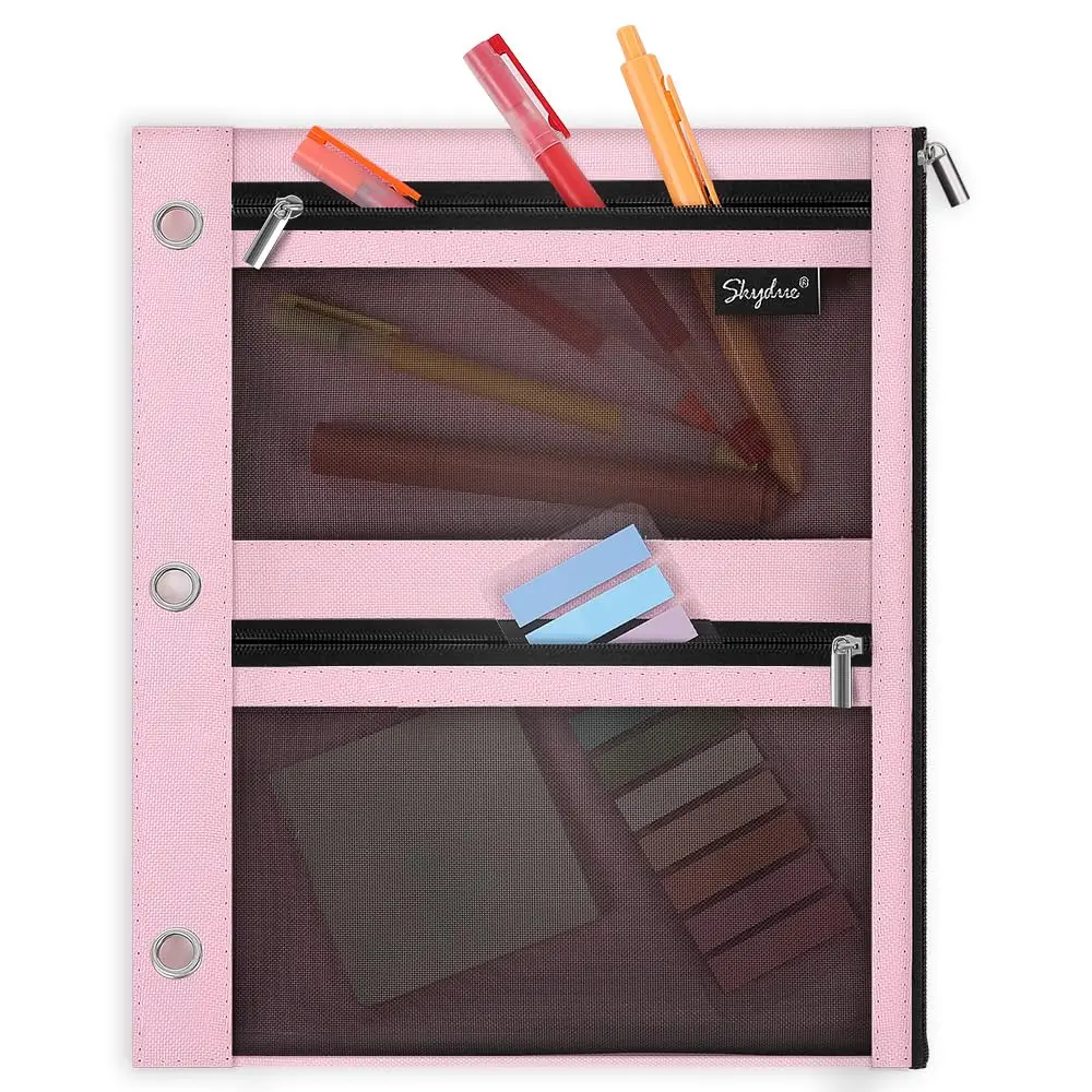SKYDUE 11" x 9" 3-Ring Binder Pencil Pouch - 3 Pockets, Puncture-Resistant Mesh Window, Zipper Closure, Water Resistant, Clutter-Free Classroom Supplies for School Supplies Haul & Office Use