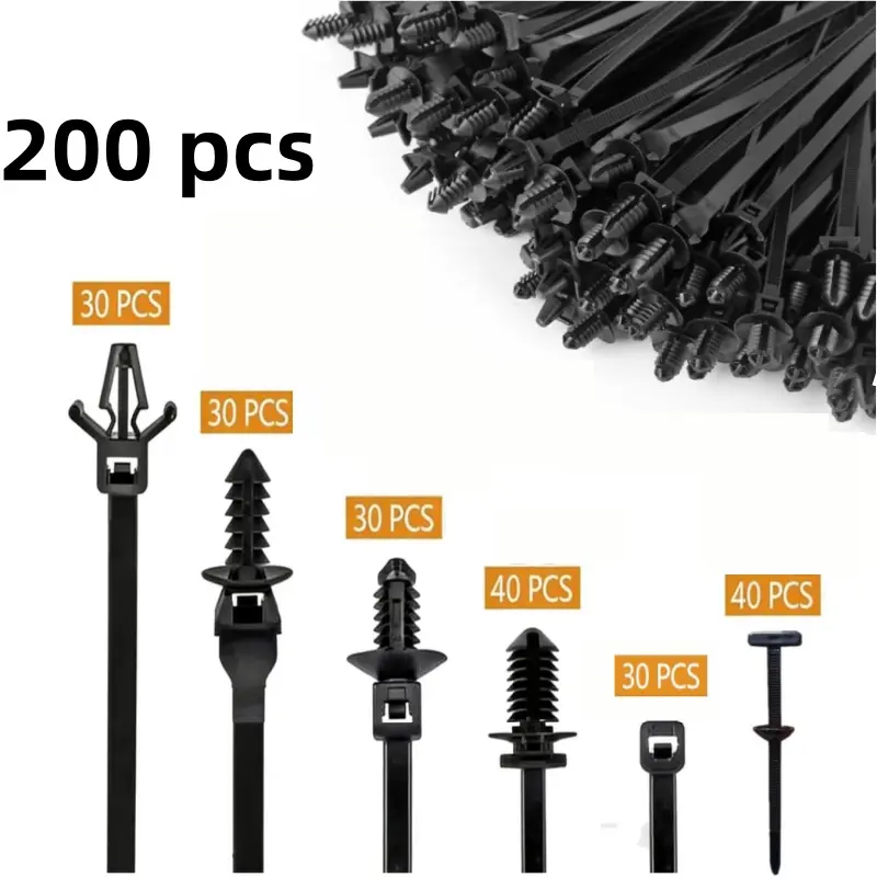 200 pcs car nylon cable tie set, wire harness fixing cable tie, used for tying and fixing wires, oil pipes, and pipelines, suitable for cars