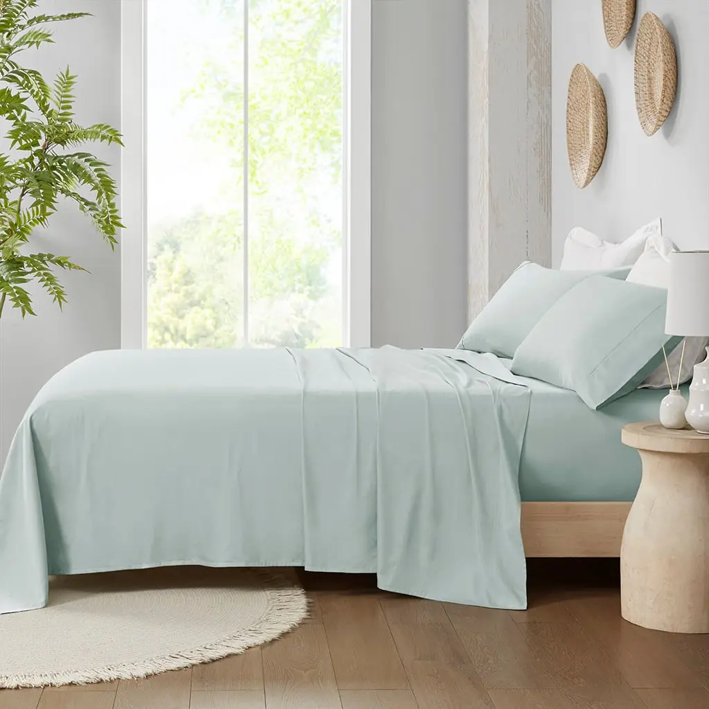 360 Stand King Size Organic Cotton Deep Pocket Sheet Set - 300 Thread Count Sateen Weave, 108x102x0.13 in Dimensions, Z Hem Stitch, Aqua Color, Breathable Fitted Sheet, Cotton Bed Sheets