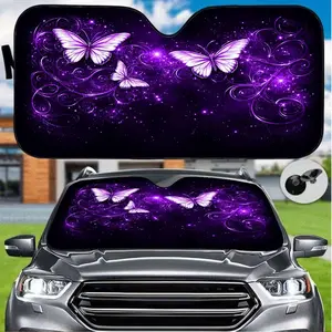 A Single Piece of Windproof And Sunshade Featuring a Purple Butterfly Galaxy Design, Equipped with Unique Prints. It Offers UV Protection to Maintain a Cool Temperature Inside Your Car, Is Foldable for Convenient Storage As an Interior Accessory
