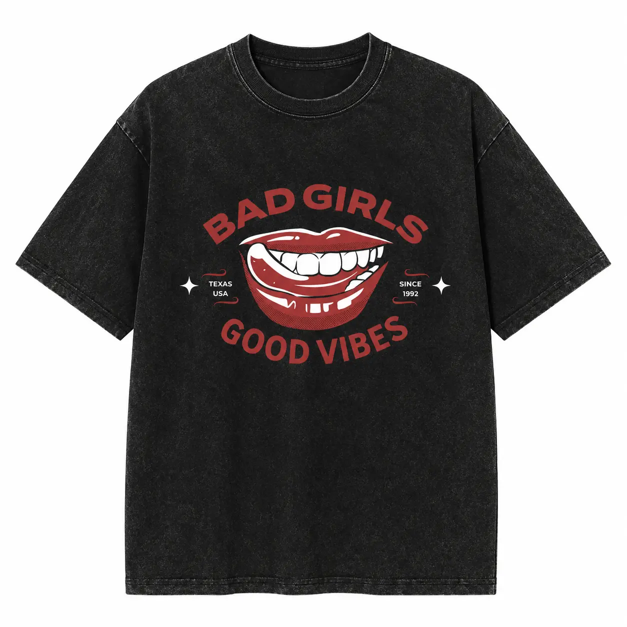 Menswear Oversized Cut Unisex T-Shirt - Short Sleeve Soft Cotton Casual Streetwear Top, Bold "Bad Girls Good Vibes Lips" Print, Washed Black-Red-White Edgy Design, All-Season Outfit, Machine Washable, 3382
