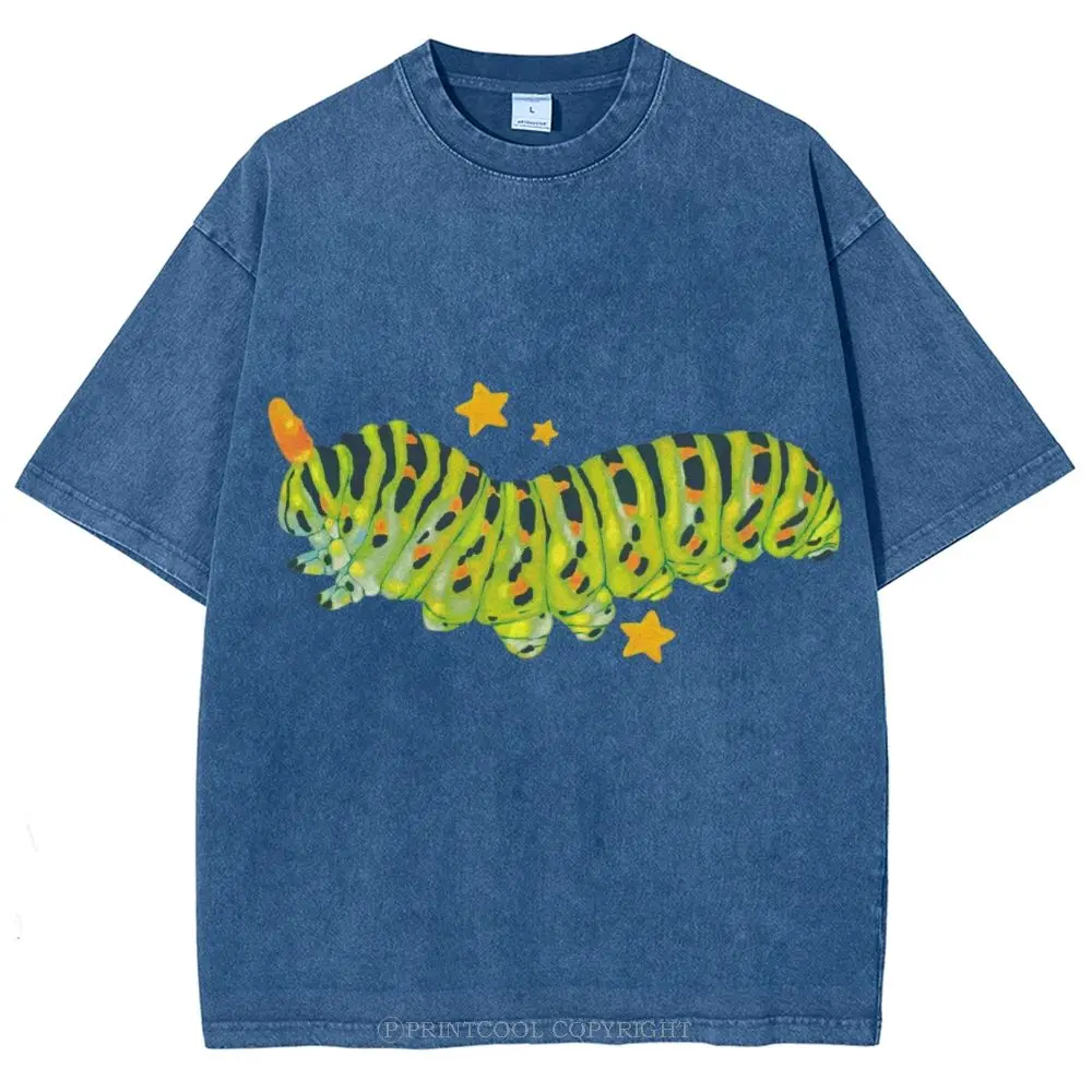 Caterpillar Unisex Vintage Washed Tee - Distressed Colorful Tee - 5XL Insect Enthusiasts - Insect Collection Unisex Streetwear