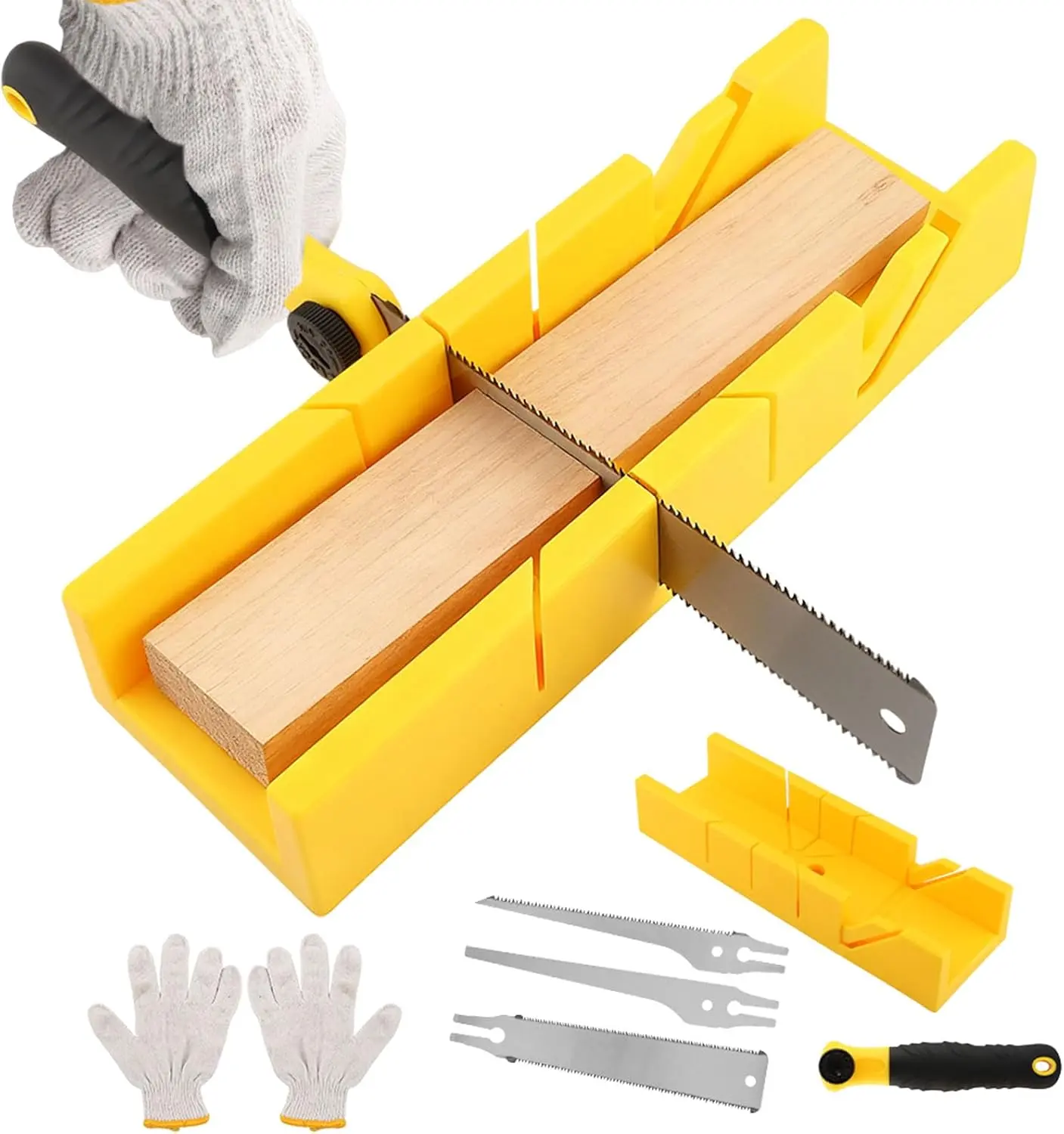 Miter Box and Saw Set, 4-Piece Japanese Hand Saw, 3.94 * 11.8Inch Mitre Box with 3 Replaceable Blades, for Wood Cutting, Woodworking for Precise Miter and Bevel Cuts, DIY, Crafting, Furniture