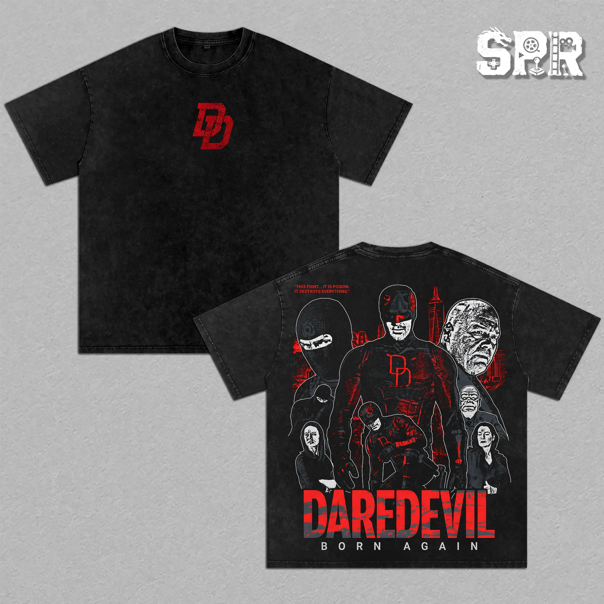 Men's "Matt Murdock" Daredevil Devil of Hell’s Kitchen MCU Comics Edition Round Neck T-Shirt, Classic Apparel Clothes, Double-Printed Oversize Soft Lightweight Acid-Washed Cotton Streetwear Graphic Top