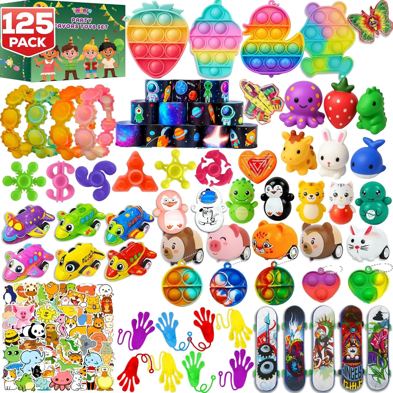 125 PCS Fidget Toys Party Favor Pack, Pop Sensory Toys with 65 Stickers, Goodie Bag Fillers, Classroom Treasure Box Rewards, Stocking Stuffers, Gifts for Kids, Boys, Girls & Adults
