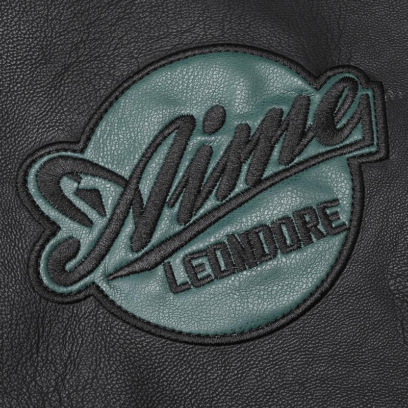 Men's Black PU Leather Bomber Jacket - Contrast Green Stripes & Embroidered Logo, Utility Arm Pocket Stylish Casual Fall Winter Coat