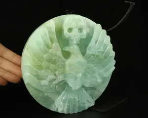Gemstone 6.1" Aquamarine Carved Crystal Hawk with Crystal Skull with Stand, Crystal Healing