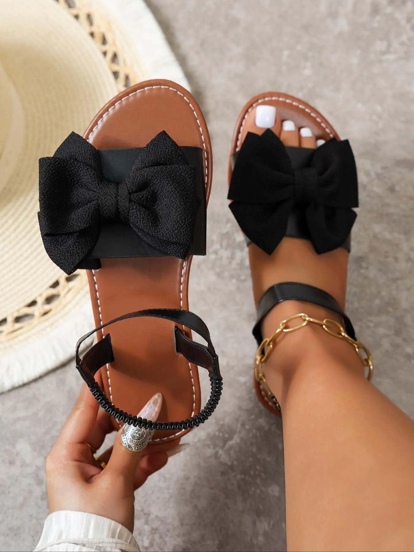 Women's Fashionable Bowknot Design Slingback Sandals, Casual Comfortable Flat Dress Sandals for Summer, Lightweight Breathable Shoes for Daily Wear, Ankle Strap Sandals, Flat Sole Sandals