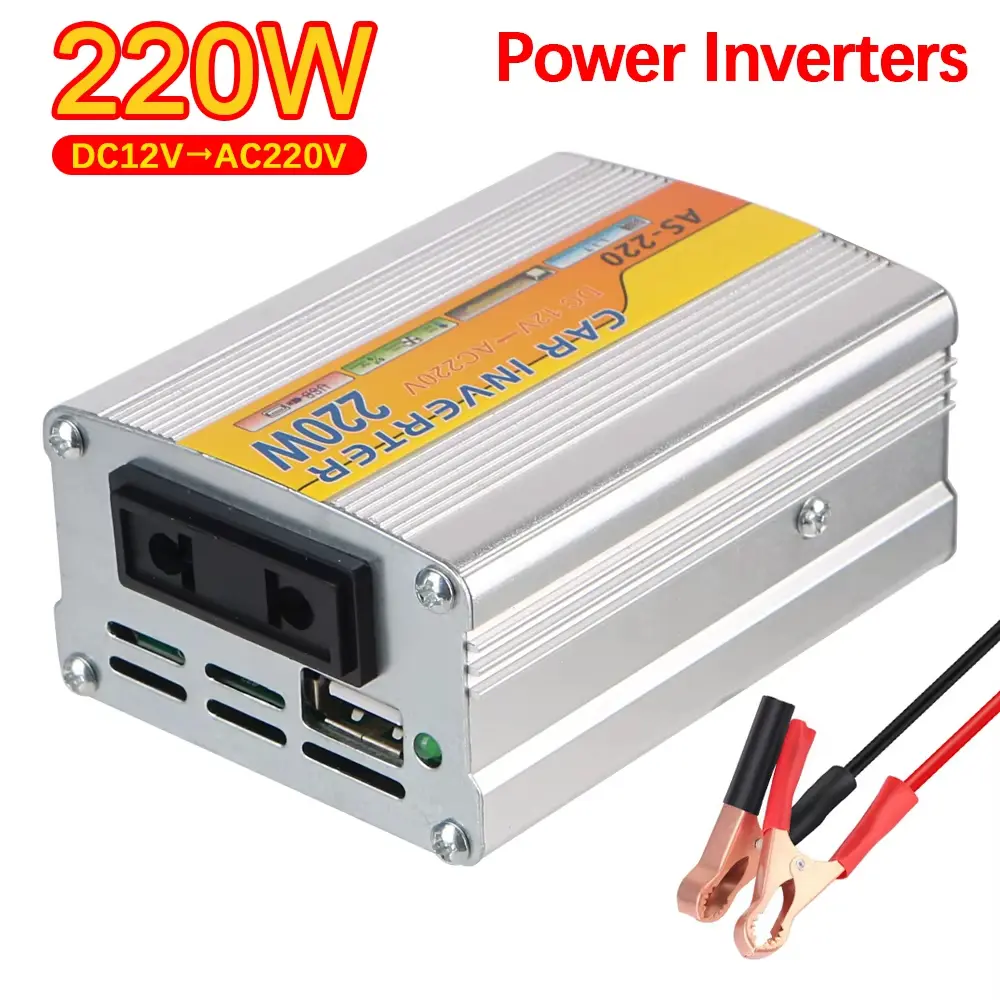 220W Car-Mounted Solar Power Inverter, DC 12V to AC 220V Converter with Multiple USB Ports, Portable Voltage Transformer with Battery Clips for Solar & Wind Power Systems, 220W Rating