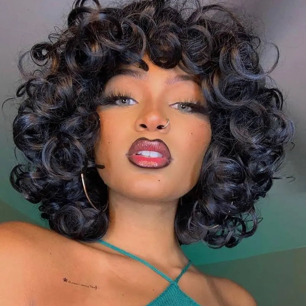 [NEW IN]ShowRealHair 14 Inch Funmi Curl Wig Fringe Double Drawn Human Hair Wig for Women Unprocessed Virgin Hair Lightweight Breathable Natural Style Perfect for Daily Wear Parties and Fashionable Versatile Looks