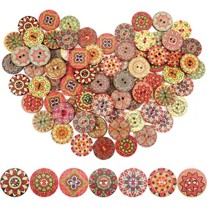 100 count Wooden Buttons 20mm Flower Painting Sewing Buttons with 2 Holes for DIY Crafts Clothes Decorations