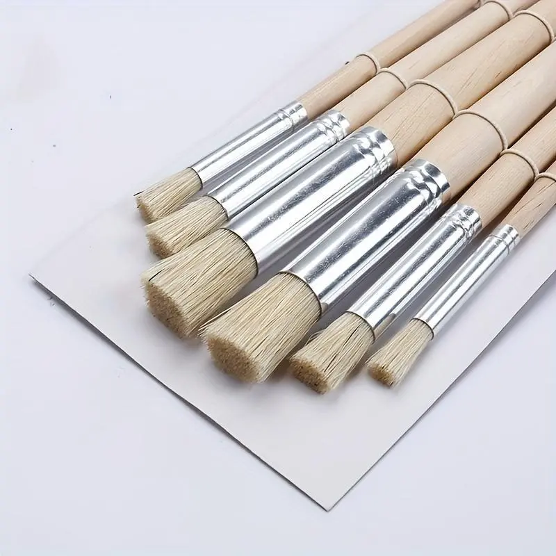 6pcs Stencil Paint Brush Set with Bristle Hair & Wooden Handles - Ideal for DIY Crafts, Watercolor, Oil, and Acrylic Painting, Furniture Paint Brushes