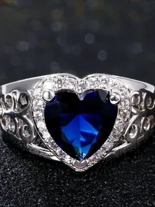 Fashion Heart Shape Blue Crystal Ring Silver Plated Hollow Out Design Women's Engagement Wedding Statement Jewelry Party Gifts