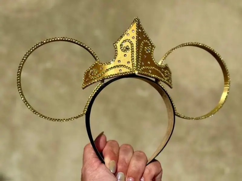 Golden Throne Ears 3D Printed Gold Metallic Hoops with Iridescent Rhinestone Crown Lightweight Comfortable Wearable Accessory