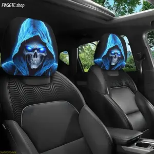 2-Pack Blue Ghost Skull Car Headrest Covers, Universal All-Season Auto Accessories. Stylish Vehicle Decor for Long Road Trips, Daily Commute & Holiday Decoration Use