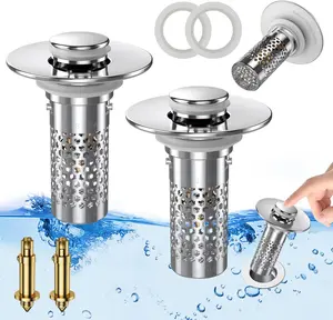 Multipurpose Universal 2-in-1 Bathroom Sink Stopper, Deain plug, Pop-up with Anti-Clog Removable Stainless Steel Filter Basket Drain Hair Stopper, Anti-Odor Stopper, Home Accessories