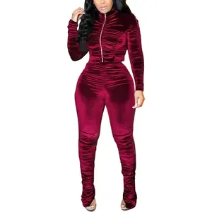 Track Suits for Women Set 2 Piece Sweatsuits Outfits Velour Ruched Long Sleeve Zip Up Jacket and Pants Sets