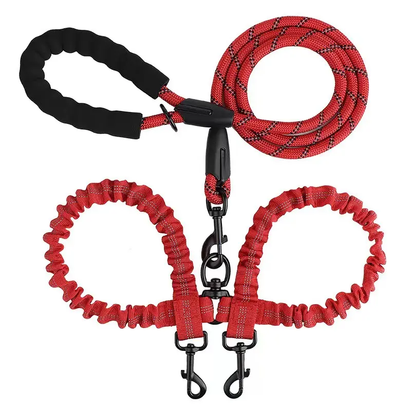 Dual Dog Leash for 2 Dogs - 1.5m Polyester Main Leash, 50-90cm Adjustable Dual Lead Ends, 360° Swivel Joint, Reflective Stitching, Shock-Absorbing Bungee, Padded Handle, Tangle-Free Walk Pet Accessory for Daily Walks & Travel Safety