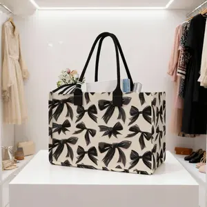 Large Capacity Bow Print Storage Bag, Fashionable Tote Bag, Durable Handle, Space Saving Multi-Purpose, Ideal for School, Travel, Shopping