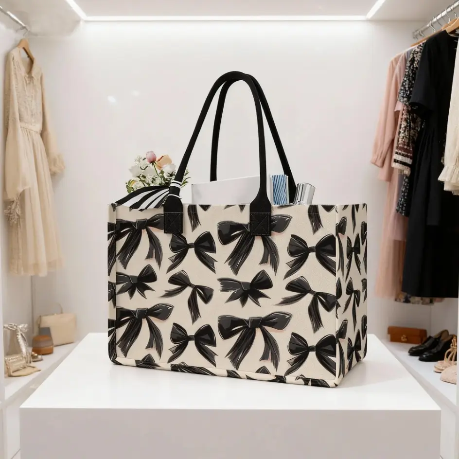 Large Capacity Bow Print Storage Bag, Fashionable Everyday Tote Bag, Fashionable Patterned Bag, Durable Handle, Space Saving Multi-Purpose, Ideal for School, Travel, Shopping, Casual Shopping Bag