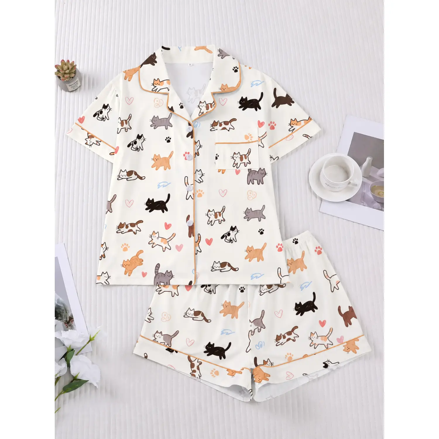 Chic Women's Cartoon Cat Pajama Set - Comfortable Short Sleeve Button-Up Shirt & Elastic Waist Shorts - Elegant All-Season Sleepwear & Lounge Outfit