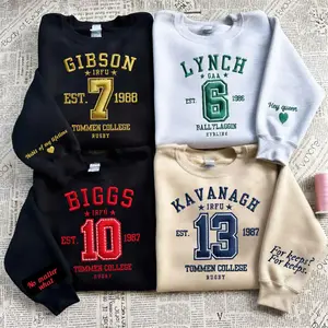 Women's Fitted Long Sleeve Embroidered Pullover Round Neck Top - Tommen Boys Rugby College Classic Crewneck, Kavanagh 13 Lynch Gibson Biggs Design, Everyday Casual Wear
