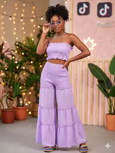 Women's 2-Piece Boho Woven Lightweight Set, Sleeveless Fitted Crop Tube Top & High-Waist Frill Trim Shirred Flare Leg Pants, Purple Ladies' Beach Holiday Vacation Summer Womenswear Suits, Lady matching women