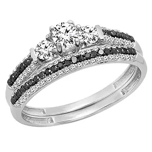 Dazzlingrock Collection Round White Sapphire, Black & White Diamond 3 Stone Wedding Ring Set for Women in 14K Solid White Gold Size 7.5